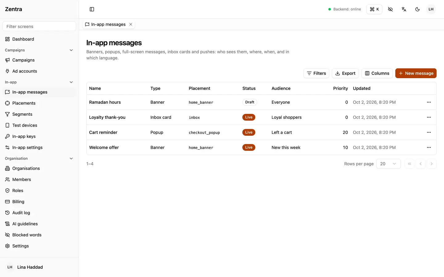 Every in-app message in one list: where it shows, who sees it, and whether it's live.